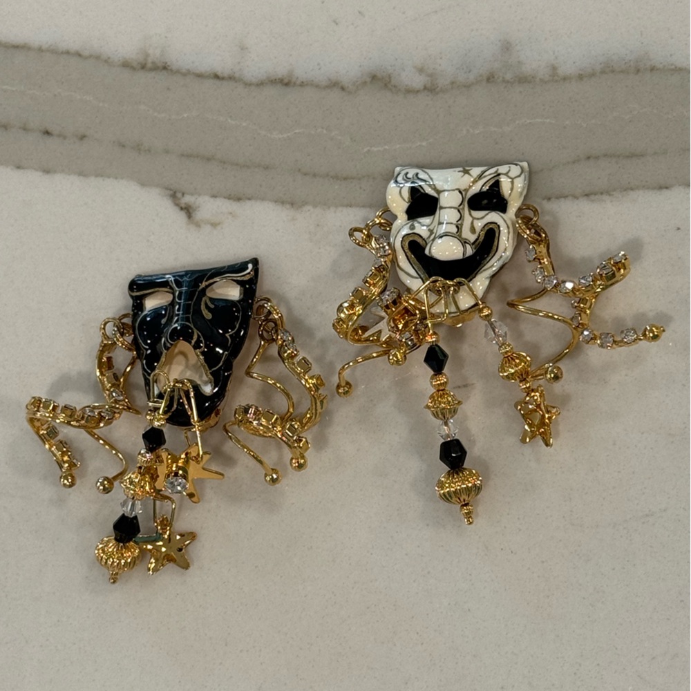 Lunch At The Ritz Vintage Earrings Comedy Tragedy Drama Signed Clip ons